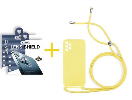 Pack 2 X Protector de Cámara trasera + Funda ACCETEL para Samsung Galaxy A52 S 5G Gel con Cordón Amarillo