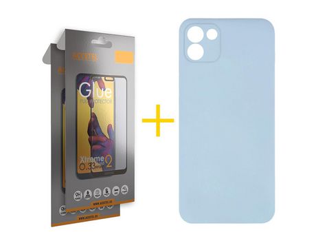 Pack 2 X Protector de Vidrio Templado Full + Funda ACCETEL para Samsung Galaxy A03 Silicona Líquida Azul Claro