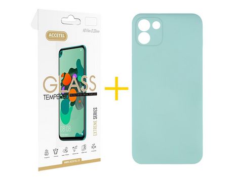 Pack 1 X Protector de Vidrio Templado 2.5D + Funda ACCETEL para Samsung Galaxy A03 Silicona Líquida Verde-Agua