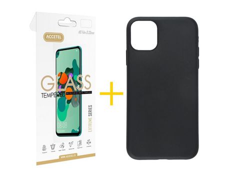 Pack 1 X Protector de Vidrio Templado 2.5D + Funda ACCETEL para Samsung Galaxy A03 Silicona Liso Negro