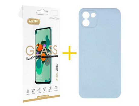 Pack 1 X Protector de Vidrio Templado 2.5D + Funda ACCETEL para Samsung Galaxy A03 Silicona Líquida Azul Claro