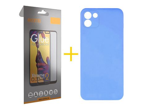 Pack 1 X Protector de Vidrio Templado Full + Funda ACCETEL para Samsung Galaxy A03 Silicona Líquida Azul Bebe