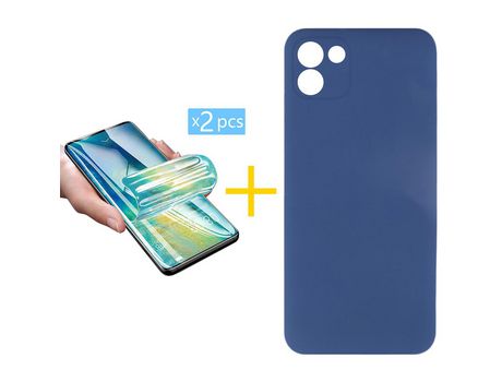 Pack 2 X Protector de Vidrio Templado Hidrogel + Funda ACCETEL para Samsung Galaxy A03 Silicona Líquida Azul Oscuro