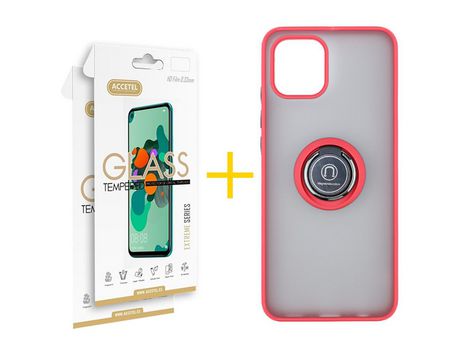 Pack 2 X Protector de Vidrio Templado 2.5D + Funda ACCETEL para Samsung Galaxy A03 Gel Bumper con Anillo Rojo