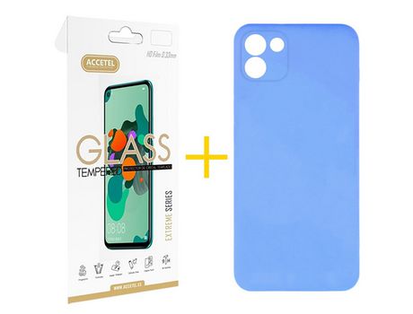 Pack 1 X Protector de Vidrio Templado 2.5D + Funda ACCETEL para Samsung Galaxy A03 Silicona Líquida Azul Bebe