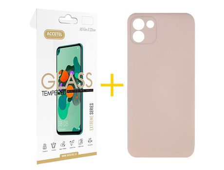 Pack 1 X Protector de Vidrio Templado 2.5D + Funda ACCETEL para Samsung Galaxy A03 Silicona Líquida Rosa