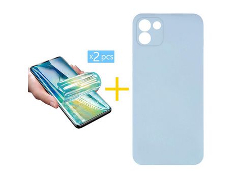 Pack 2 X Protector de Vidrio Templado Hidrogel + Funda ACCETEL para Samsung Galaxy A03 Silicona Líquida Azul Claro