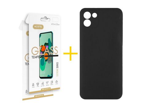 Pack 2 X Protector de Vidrio Templado 2.5D + Funda ACCETEL para Samsung Galaxy A03 Silicona Líquida Negro