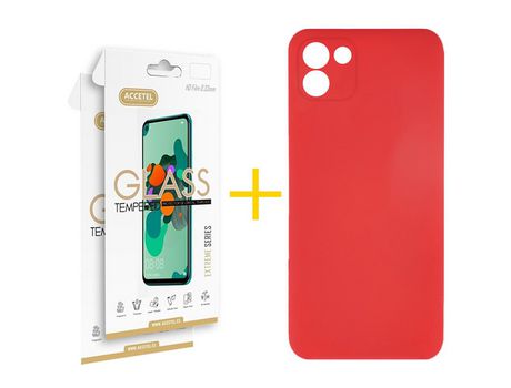 Pack 2 X Protector de Vidrio Templado 2.5D + Funda ACCETEL para Samsung Galaxy A03 Silicona Líquida Rojo