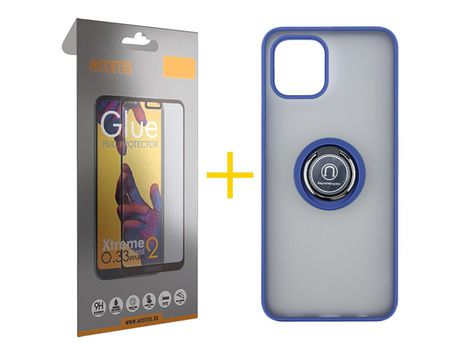 Pack 1 X Protector de Vidrio Templado Full + Funda ACCETEL para Samsung Galaxy A03 Gel Bumper con Anillo Azul