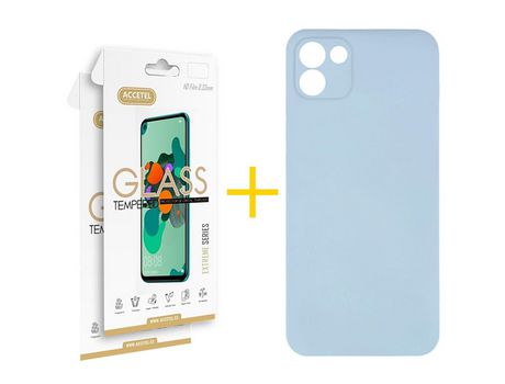 Pack 2 X Protector de Vidrio Templado 2.5D + Funda ACCETEL para Samsung Galaxy A03 Silicona Líquida Azul Claro