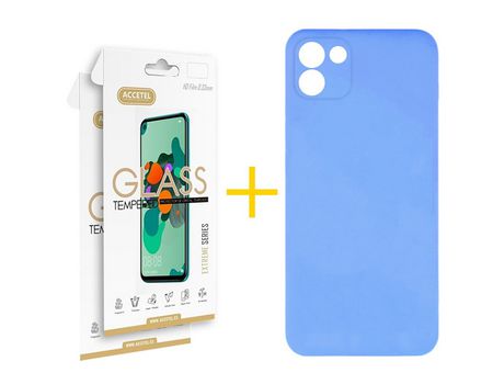 Pack 2 X Protector de Vidrio Templado 2.5D + Funda ACCETEL para Samsung Galaxy A03 Silicona Líquida Azul Bebe