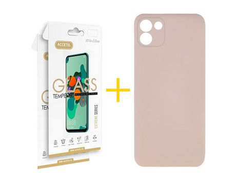 Pack 2 X Protector de Vidrio Templado 2.5D + Funda ACCETEL para Samsung Galaxy A03 Silicona Líquida Rosa