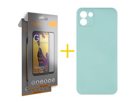 Pack 2 X Protector de Vidrio Templado Full + Funda ACCETEL para Samsung Galaxy A03 Silicona Líquida Verde-Agua
