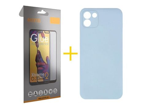 Pack 1 X Protector de Vidrio Templado Full + Funda ACCETEL para Samsung Galaxy A03 Silicona Líquida Azul Claro