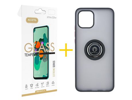 Pack 1 X Protector de Vidrio Templado 2.5D + Funda ACCETEL para Samsung Galaxy A03 Gel Bumper con Anillo Negro
