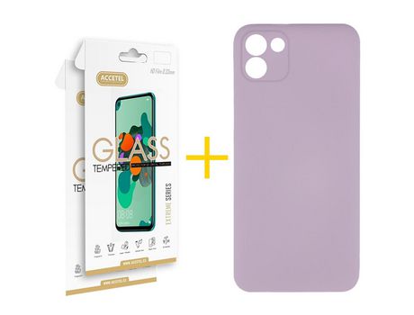 Pack 2 X Protector de Vidrio Templado 2.5D + Funda ACCETEL para Samsung Galaxy A03 Silicona Líquida Lila