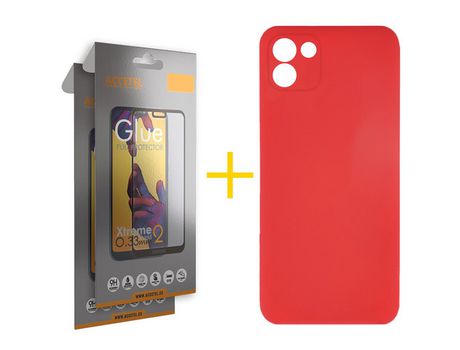 Pack 2 X Protector de Vidrio Templado Full + Funda ACCETEL para Samsung Galaxy A03 Silicona Líquida Rojo