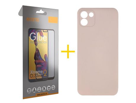 Pack 1 X Protector de Vidrio Templado Full + Funda ACCETEL para Samsung Galaxy A03 Silicona Líquida Rosa
