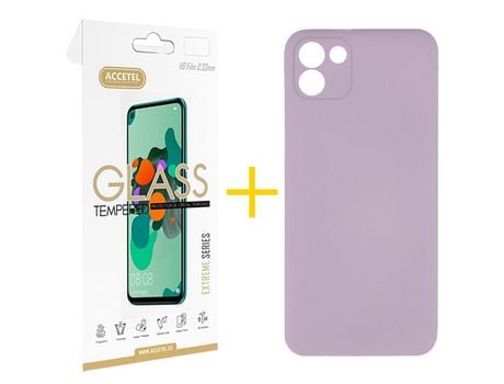 Pack 1 X Protector de Vidrio Templado 2.5D + Funda ACCETEL para Samsung Galaxy A03 Silicona Líquida Lila
