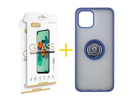 Pack 2 X Protector de Vidrio Templado 2.5D + Funda ACCETEL para Samsung Galaxy A03 Gel Bumper con Anillo Azul