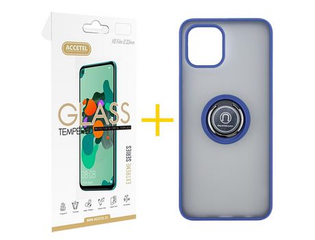 Pack 1 X Protector de Vidrio Templado 2.5D + Funda ACCETEL para Samsung Galaxy A03 Gel Bumper con Anillo Azul