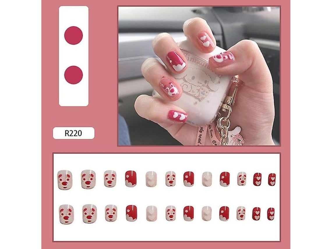 Uñas Postizas Artificiales Para Hacer Tú Misma: 24 Piezas, Diseño De Oso Rosa, Removibles.