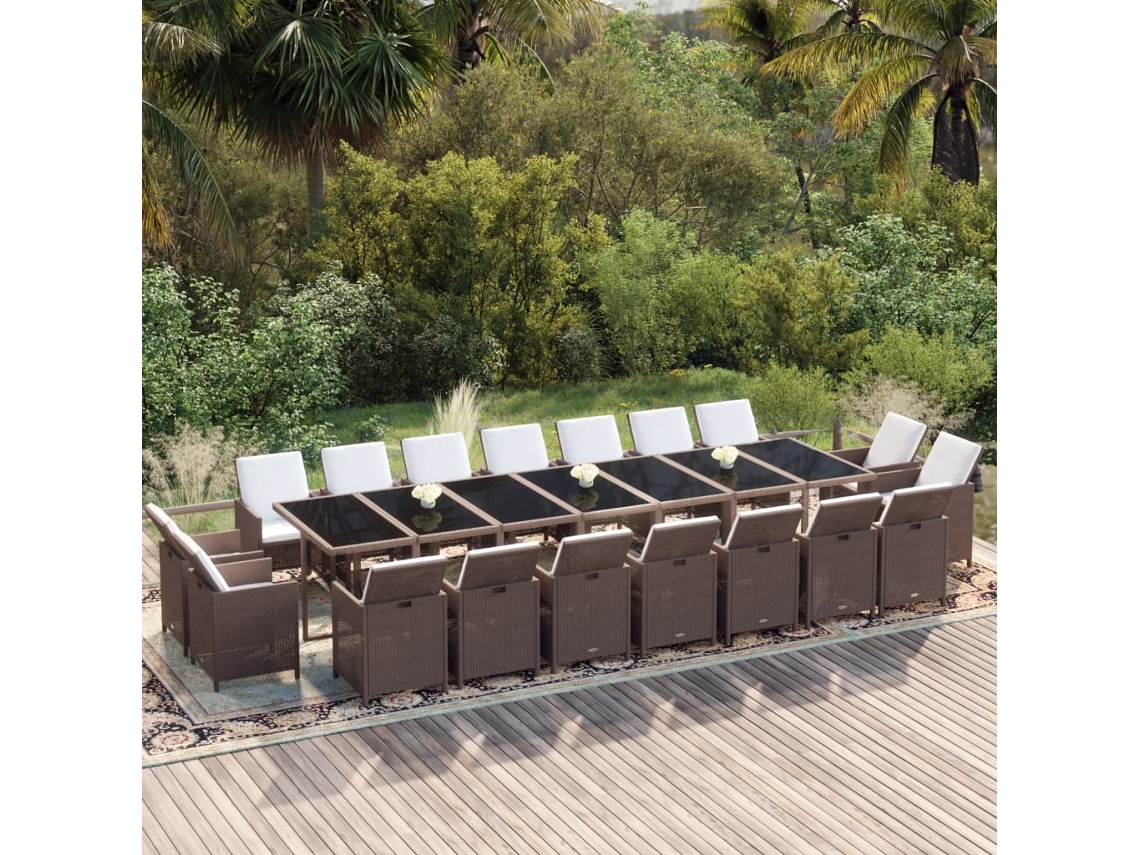 19 Pcs Conjunto Jantar P/ Jardim C/ Almofadões Vime Pe Castanho Dkd Decoración Del Hogar