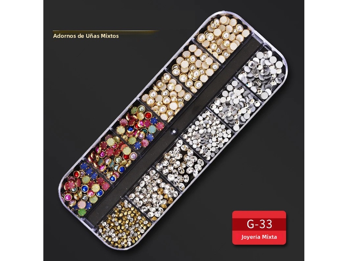 Accesorios para uñas decoradas con pedrería, cristales y apliques de pedrería.