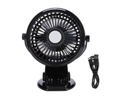 Ventilador de escritorio USB negro con clip y luz nocturna.