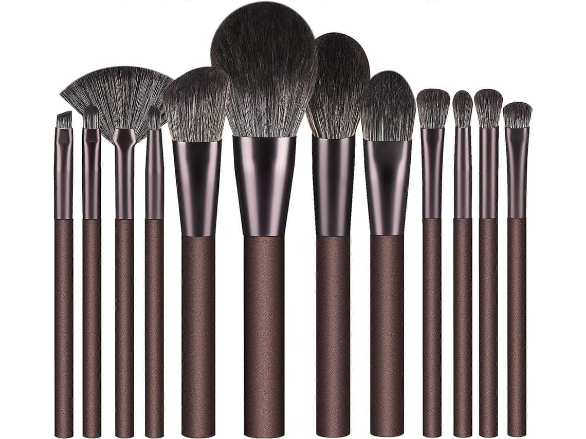 Juego de 12 brochas de maquillaje Rosewell con cerdas sintéticas premium para base, corrector y sombra de ojos (café)