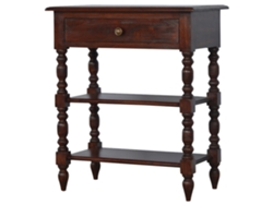 Mesa auxiliar de madera maciza torneada, 1 cajón y 2 estantes abiertos, marrón oscuro - Muebles artesanales