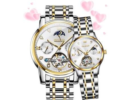 VEANXIN pareja reloj mecánico bicolor acero inoxidable impermeable luminoso con fecha(Oro Blanco)
