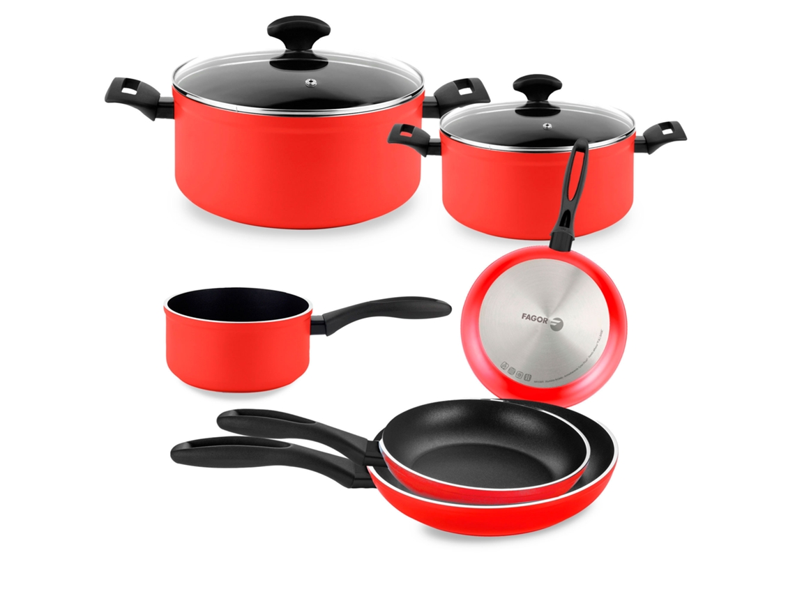 Batería Cocina Inducción 8 Piezas, Antiadherente Sin Pfoa, Aluminio Forjado, Cazuelas Sartenes Fagor Maxima Rojo