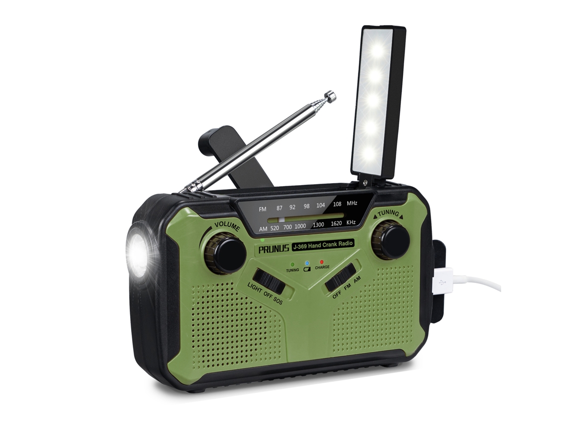 Radio de emergencia portátil AM/FM con carga solar, manivela, USB, pilas AA, linterna, lámpara de lectura y alarma SOS. Viewleaf