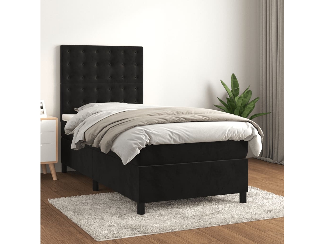 Cama Box Spring Con Colchón Terciopelo Negro 100x200 Cm