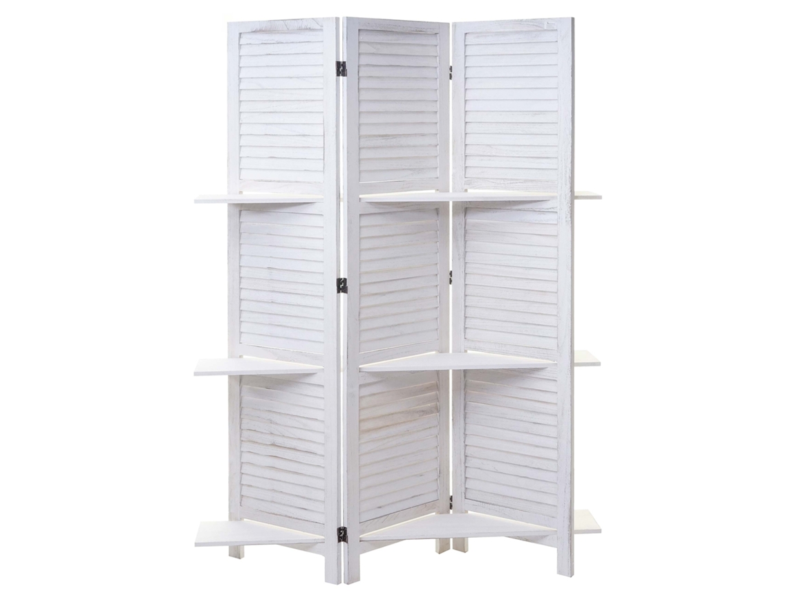 Biombo de 3 paneles con estantes, 170x125cm, estilo shabby chic, madera blanca, 04_0003952