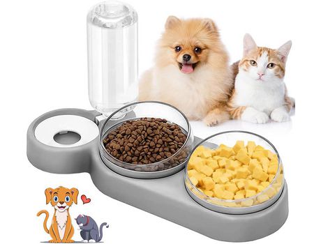 Bebedero automático para mascotas, tres tazones, gris
