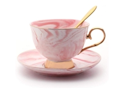 2026da-taza De Café Y Té De Porcelana Fina Con Platillo Y Cuchara Borde Dorado Rosa 200ml