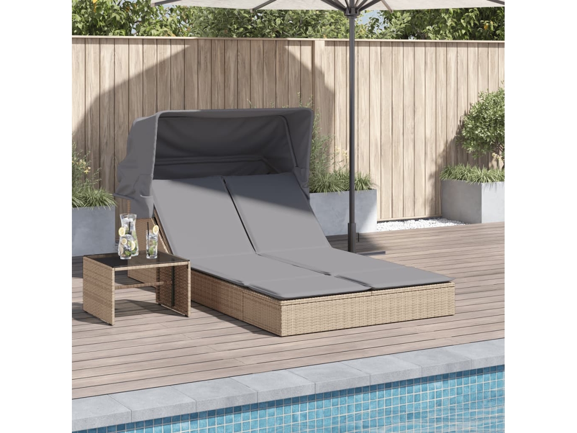 Tumbona doble con dosel y cojines de mimbre, patas beige, HARLANV1