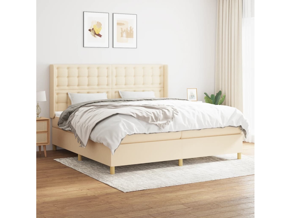 Cama Box Spring Con Colchón Tela Color Crema 200x200 Cm
