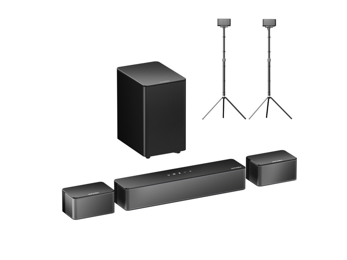 Barra de sonido Ultimea Poseidon D50 de 5.1 canales, 1 par de soportes para parlantes, nivel envolvente ajustable Steady 300, 3 modos de ecualizador