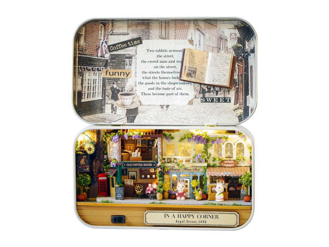Casa De Muñecas Miniatura Para Armar En Una Caja Temática, Esquina De Calle Antigua, Hecha A Mano En Madera Con Luz Led.