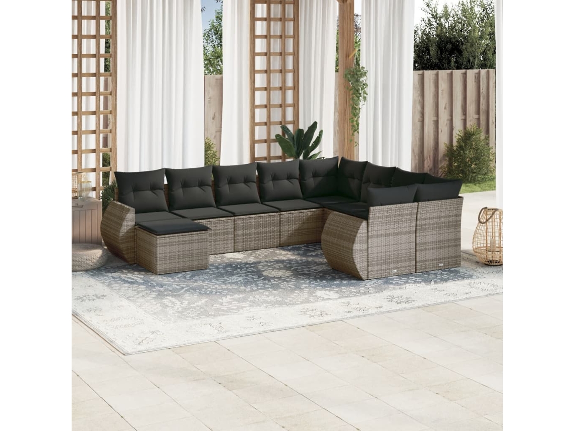 Conjunto de sofá de jardín de 10 piezas con cojines, ratán gris, DKD Home Decor