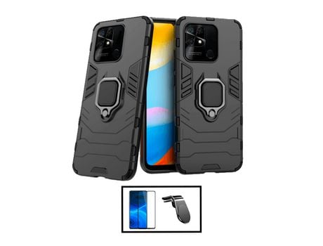 Kit Película de Cristal Templado 5D Full Cover + Funda 3X1 Military Defender + Soporte Magnético L Safe Driving coche para Xiaomi Poco C40 - Negro