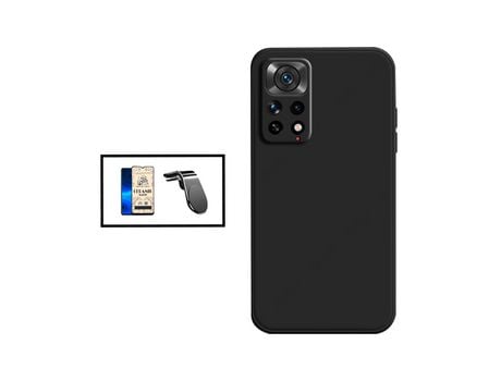 Kit Cristal Templado Ceramica Full Cover + Funda Silicona Líquido + Soporte de Coche Magnético L para Xiaomi Redmi Note 11S 5G - Negro