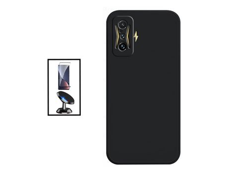 Kit Película de Cristal Templado 5D Full Cover + Funda Silicona + Soporte Magnético de coche para Xiaomi Poco F4 GT - Negro