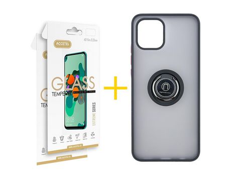 Pack 2 X Película de Cristal Templado 2.5D + Funda Accetel por Samsung Galaxy A03 Core Gel Bumper con Anillo Negro