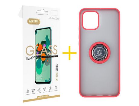 Pack 1 X Película de Cristal Templado 2.5D + Funda Accetel por Samsung Galaxy A03 Core Gel Bumper con Anillo Rojo