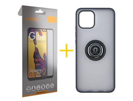 Pack 1 X Película de Cristal Templado Full + Funda Accetel por Samsung Galaxy A03 Core Gel Bumper con Anillo Negro